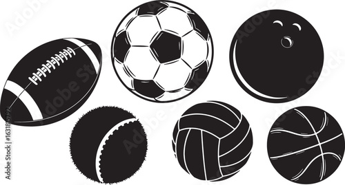 American football soccer ball bowling ball baseball volleyball basketball, american football, soccer ball, bowling ball, baseball, volleyball, basketball, sports, game, equipment, black and white, ill