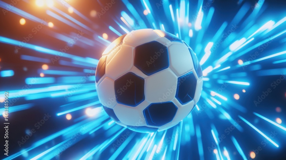 Naklejka premium Energetic Soccer Ball Trajectory with Vibrant Blue and Orange Light Streams
