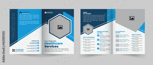 Healthcare service bifold brochure design or Medical, hospital, clinic, and diagnostic center promotion brochure template, Multipurpose template with cover, back, and inside pages layout