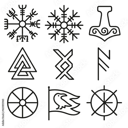 Viking Symbol Icons. Line style icons of Viking Symbols and Runes: vegvisir compass, helm of awe, Mjölnir pendant, valknut knot,