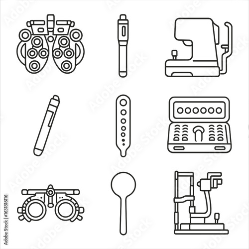 Optometrist Tool Icons. Line style icons of Optometrist Examination Tools: phoropter, retinoscope, autorefractor, penlight, pupil