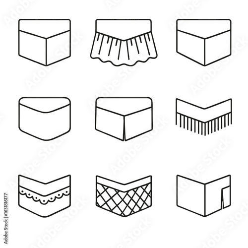 Bed Skirt Iconography. Line style icons of Bed Skirt & Valance Types: tailored bed skirt, ruffled bed skirt, box-pleat valance,