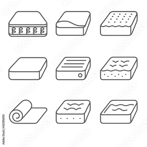 Mattress Icon Line Art. Line style icons of Mattress Types: innerspring mattress, memory foam mattress, latex mattress, hybrid