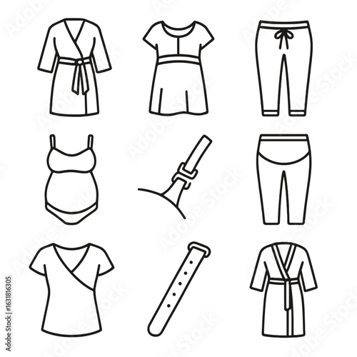 Maternity Sleepwear Icons. Line style icons of Maternity Sleepwear: wrap nursing gown, empire waist panel, stretchy waistband,