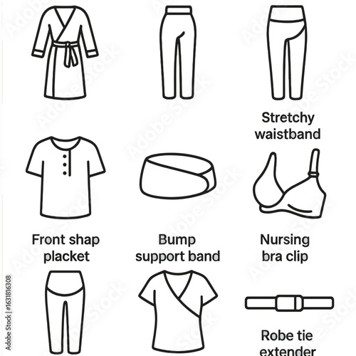 Maternity Sleepwear Icons. Line style icons of Maternity Sleepwear: wrap nursing gown, empire waist panel, stretchy waistband,