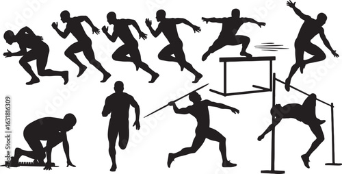 Athletes running jumping throwing high jump, athletes, running, jumping, throwing, high jump, hurdles, javelin, track and field, sports, competition, action, silhouette, black and white, dynamic, powe
