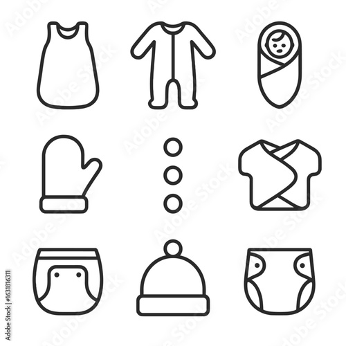 Baby Sleep Essentials Icons. Line style icons of Baby Sleep Basics: sleep sack, footed sleeper, swaddle wrap, fold-over mitten,