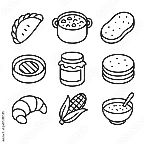 Argentine Cuisine Icons. Line style icons of Classic Argentine Cuisine: empanada half, locro stew pot, milanesa cutlet, provoleta