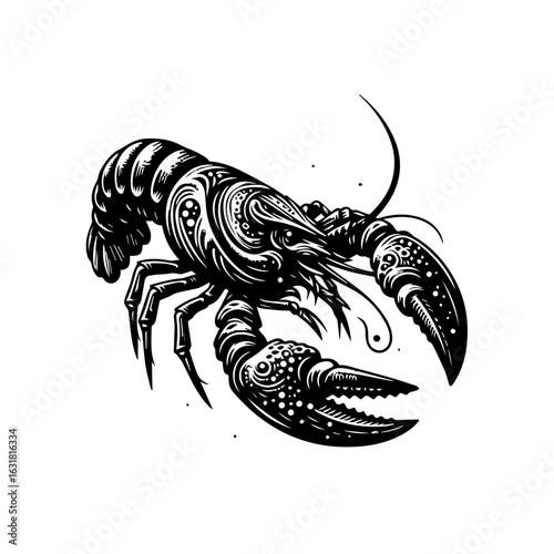 Vector art of lobster isolated on white background in black and white, vintage illustration