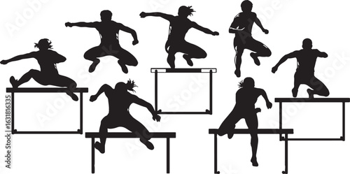 Athletes leaping over hurdles during a race track and field, track and field, hurdles, athletes, racing, jumping, running, sports, competition, action, silhouette, black and white, dynamic, athletic, 