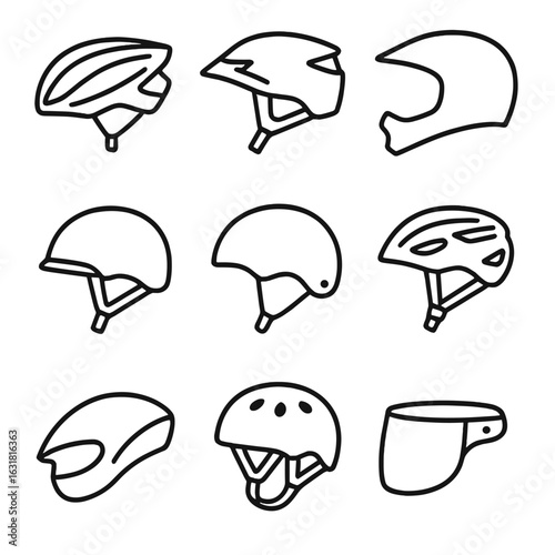 Cycling and Skating Helmets. Line style icons of Cycling & Skating Helmets: road bike helmet, mountain bike helmet, BMX full-face,
