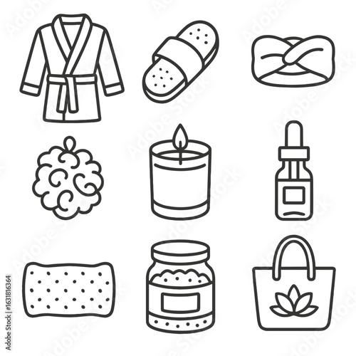 Spa Relaxation Essentials Icons. Line style icons of Spa & Relaxation Wear: waffle robe, terry slide, headband wrap, body loofah,
