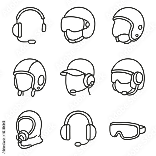 Aviation Headgear Icons. Line style icons of Aviation Headgear: pilot headset, flight helmet, bomber leather cap, paratrooper