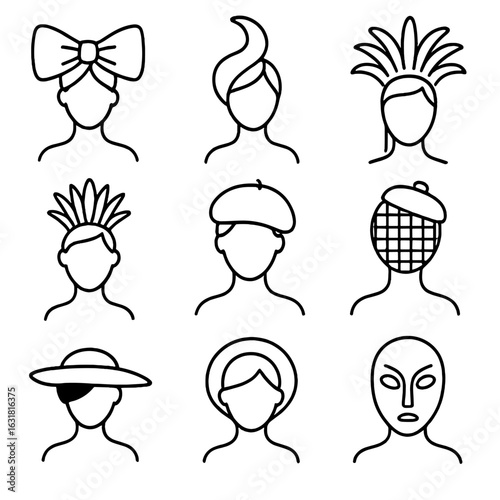 Fashion Headpiece Icons. Line style icons of Fashion Runway Headpieces: oversized bow, sculptural fascinator, crystal mesh hood,