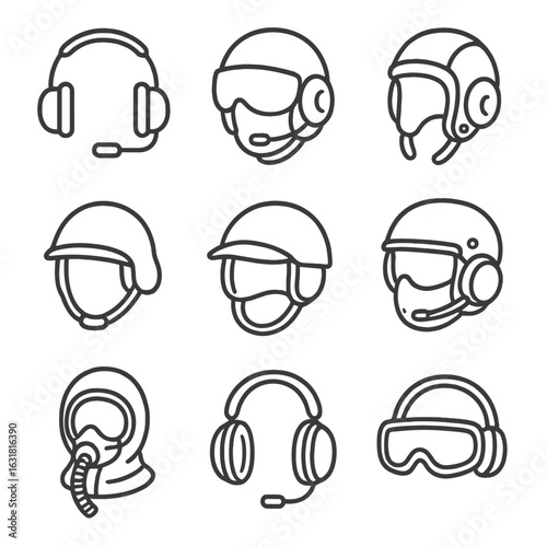 Aviation Headgear Icons. Line style icons of Aviation Headgear: pilot headset, flight helmet, bomber leather cap, paratrooper