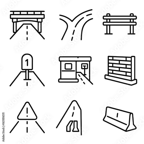 Highway Infrastructure Icons. Line style icons of Highway Infrastructure: overpass bridge, exit ramp, guardrail, toll booth, mile