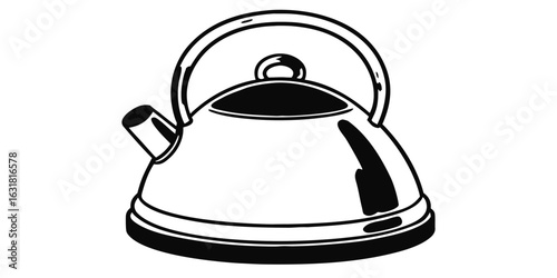 Illustration of a vintage kettle with a curved handle and a spout in black and white color