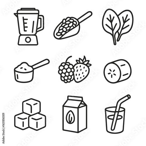 Oat Smoothie Icons. Line style icons of Oat Smoothie Ingredients: smoothie blender, rolled oats scoop, spinach leaves, protein