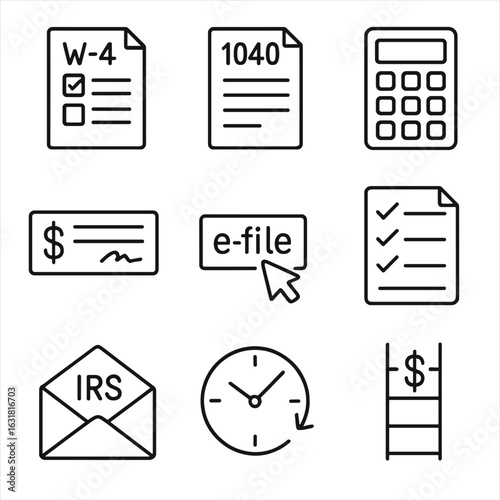 Tax Season Icons. Line style icons of Tax Filing Season: W-4 form, 1040 form, calculator, refund check, e-file cursor, deduction