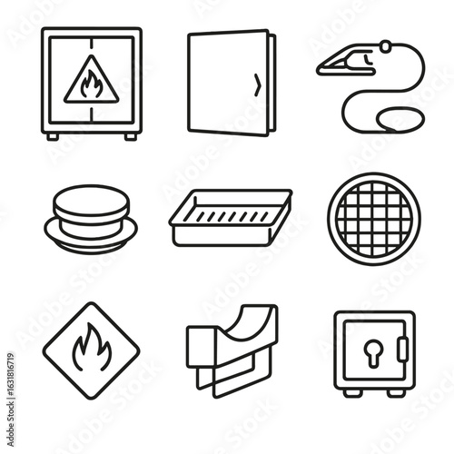 Flammable Storage Icons. Line style icons of Flammable Storage Safety: flammable cabinet, safety self-close door, grounding wire