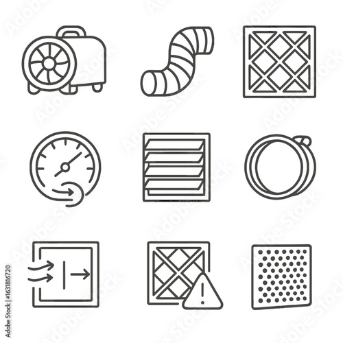 Workshop Ventilation Icons. Line style icons of Workshop Ventilation Gear: portable exhaust fan, flexible duct hose, paint booth