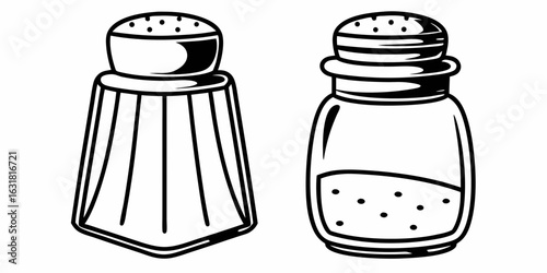 Two condiment containers a salt shaker and a pepper shaker in black and white line art style design
