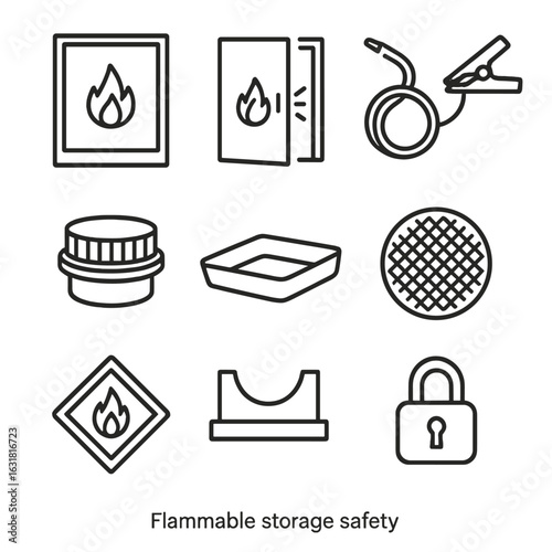 Flammable Storage Icons. Line style icons of Flammable Storage Safety: flammable cabinet, safety self-close door, grounding wire