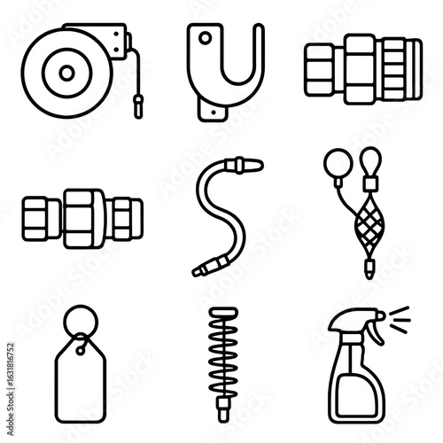 Air Hose Icons. Line style icons of Air Hose Management: retractable hose reel, hose hanger bracket, quick-release coupler, swivel