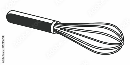 A black and white illustration of a kitchen whisk with a dark handle and wire loops for mixing food