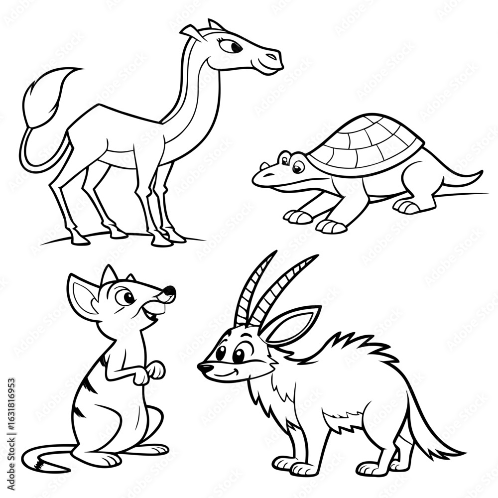 Fototapeta premium desert-animals-friendly-cartoon-characters-collection of coloring page vector illustration
