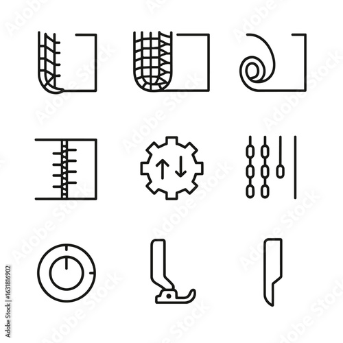 Serged Edge Icons. Line style icons of Serged Edge Finishes: 3-thread overlock, 4-thread safety stitch, rolled hem edge, flat-lock