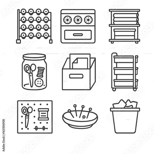 Sewing Room Icons. Line style icons of Sewing Room Storage: thread rack, bobbin drawer, fabric bolt shelf, notions jar, pattern