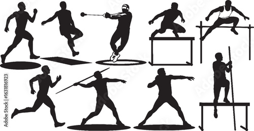 Athletic silhouettes running jumping throwing and vaulting, athlete, athletics, running, jumping, throwing, discus, hammer throw, javelin, hurdles, pole vault, track and field, sports, action, silhoue