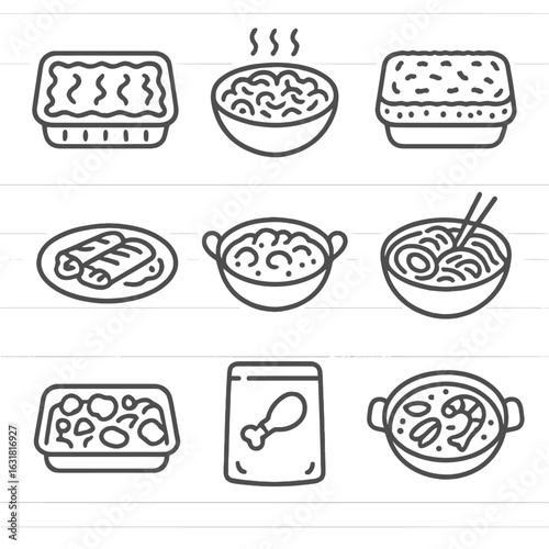 Frozen Meals Icons. Line style icons of Frozen Ready Meals: lasagna tray, mac & cheese bowl, shepherd’s pie, enchilada platter,