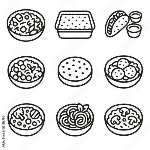 Frozen Vegan Meal Icons. Line style icons of Frozen Vegan Meals: tofu scramble bowl, lentil shepherd pie, jackfruit taco kit,