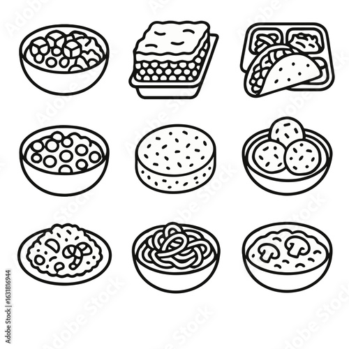 Frozen Vegan Meal Icons. Line style icons of Frozen Vegan Meals: tofu scramble bowl, lentil shepherd pie, jackfruit taco kit,