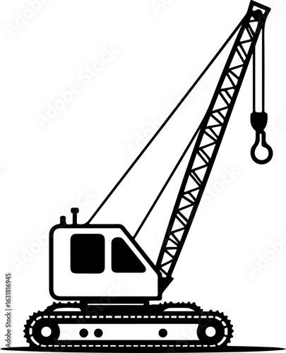 Construction crane lifting cargo at industrial site with clear blue sky silhouette