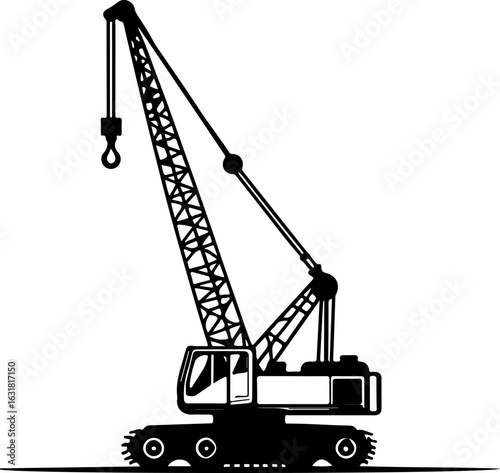 Construction crane lifting cargo at industrial site with clear blue sky silhouette