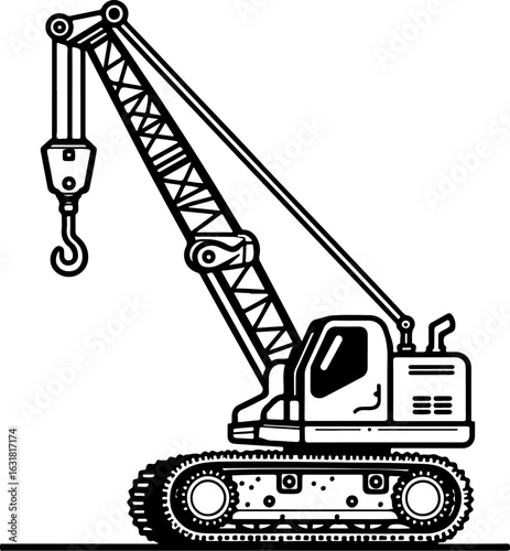 Construction crane lifting cargo at industrial site with clear blue sky silhouette