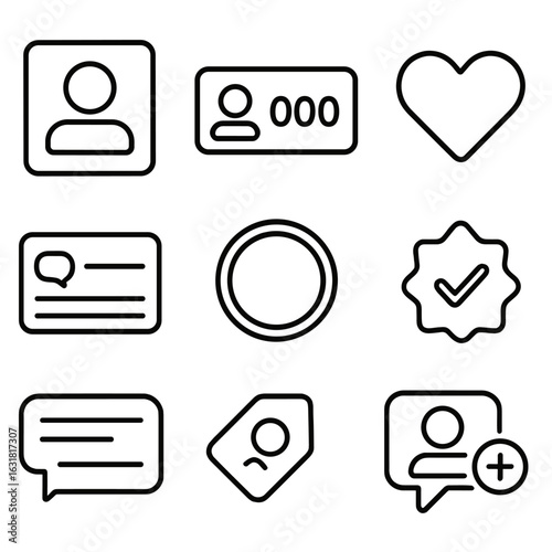 Social UI Line Icons. Line style icons of social network UI elements: profile preview card, followers count box, post like button,