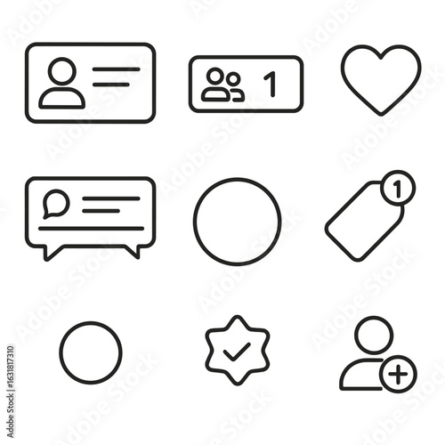 Social UI Line Icons. Line style icons of social network UI elements: profile preview card, followers count box, post like button,