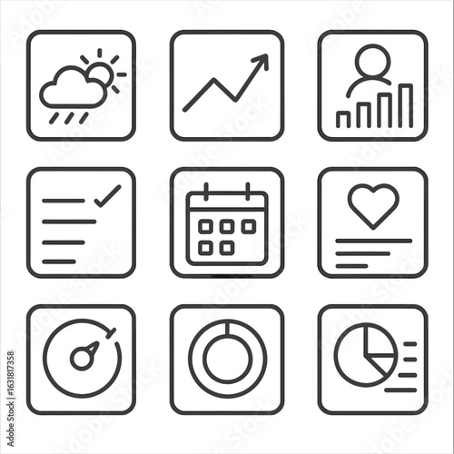 Line Style Dashboard Icons. Line style icons of dashboard widget cards: weather info tile, stock price widget, user activity