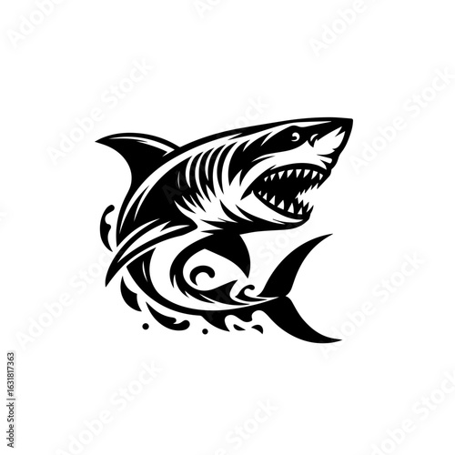 Vector art of shark with open mouth isolated on white background, vector illustration