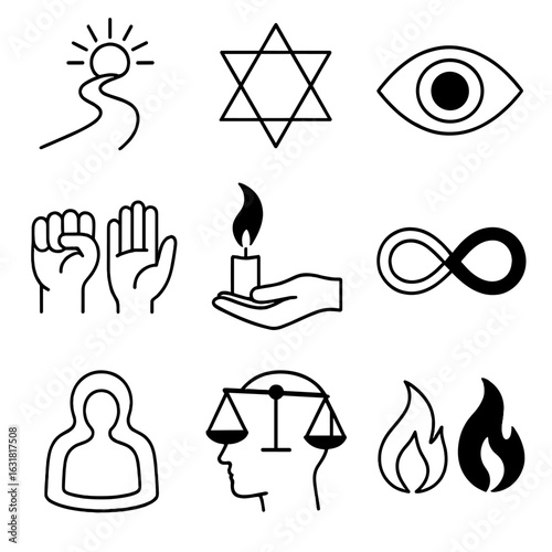 Spiritual Contrast Icons. Line style icons of spiritual and philosophical contrast: light path icon, dual triangle harmony, open