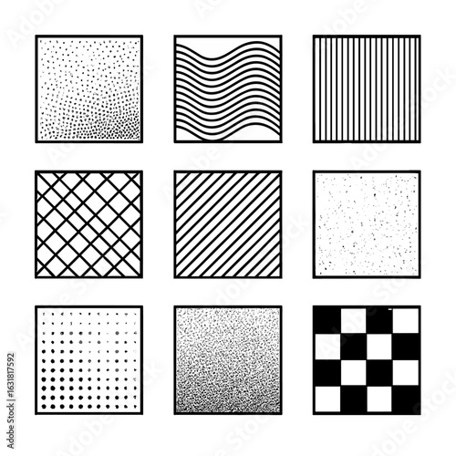 Abstract Texture Icons. Line style icons of abstract black and white textures: stippled dot fill, halftone wave pattern, lined