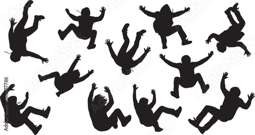 Black silhouettes of people falling in various dynamic poses, falling, people, silhouettes, black, white, dynamic, poses, action, movement, descent, airborne, motion, scattered, spread, various, posit
