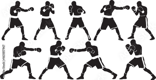 Boxers fighting stance silhouettes boxing fighter, boxing, fighter, silhouette, black, white, sport, athletic, action, punch, stance, competition, training, combat, movement, power, strength, determin