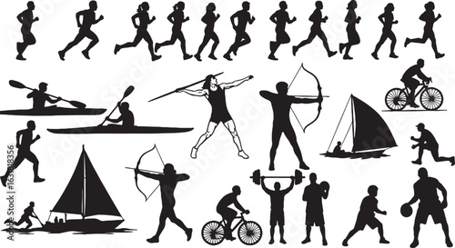 Diverse athletes engaged in various sports activities, running, kayaking, archery, cycling, sailing, weightlifting, basketball, athletic, sports, action, silhouettes, outdoor, competition, fitness, he