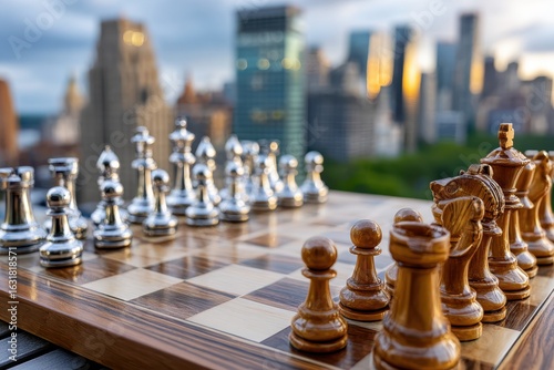 Wallpaper Mural Chess set with skyline view at sunset in city park during a relaxing evening Torontodigital.ca
