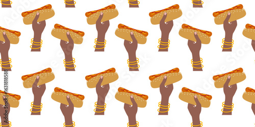 Dark skin Female hands with bracelets Hold Hot Dog Seamless Pattern Banner Format Fast Food Day Fond